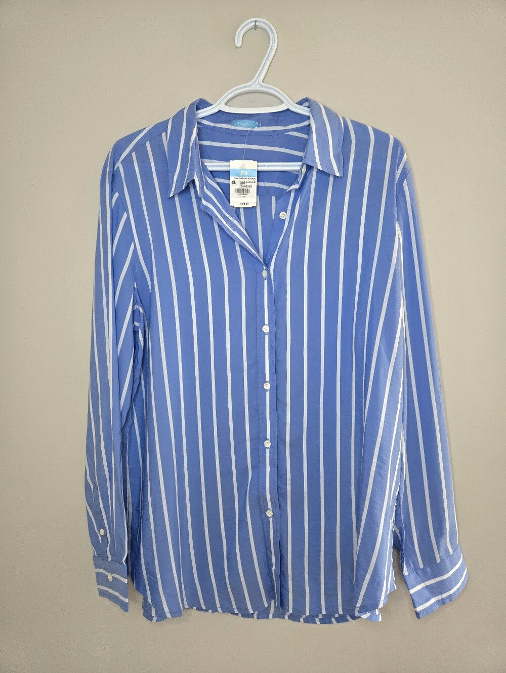 J. McLaughlin silk blue & white striped button down blouse, extra large, new